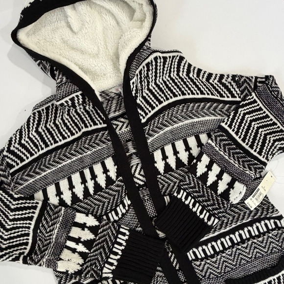 No Boundaries Sweaters - NO BOUNDARIES Womens Black White Sherpa Lined Hooded Cardigan Sweater Lg
